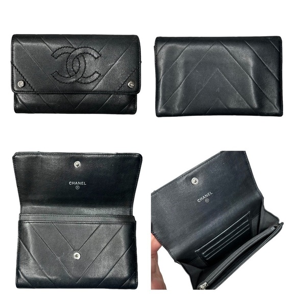 Authentic CHANEL Black Quilted Chevron Lambskin Leather CC Button Wallet Clutch - Picture 6 of 15